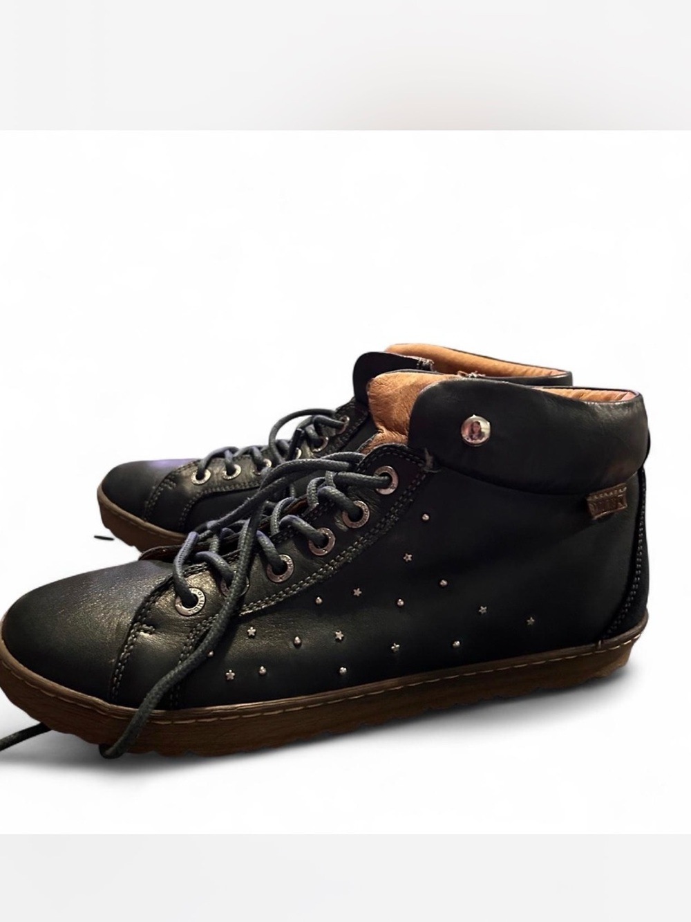 PIKOLINOS Black Leather Ankle Boots with Brown Logo Patch